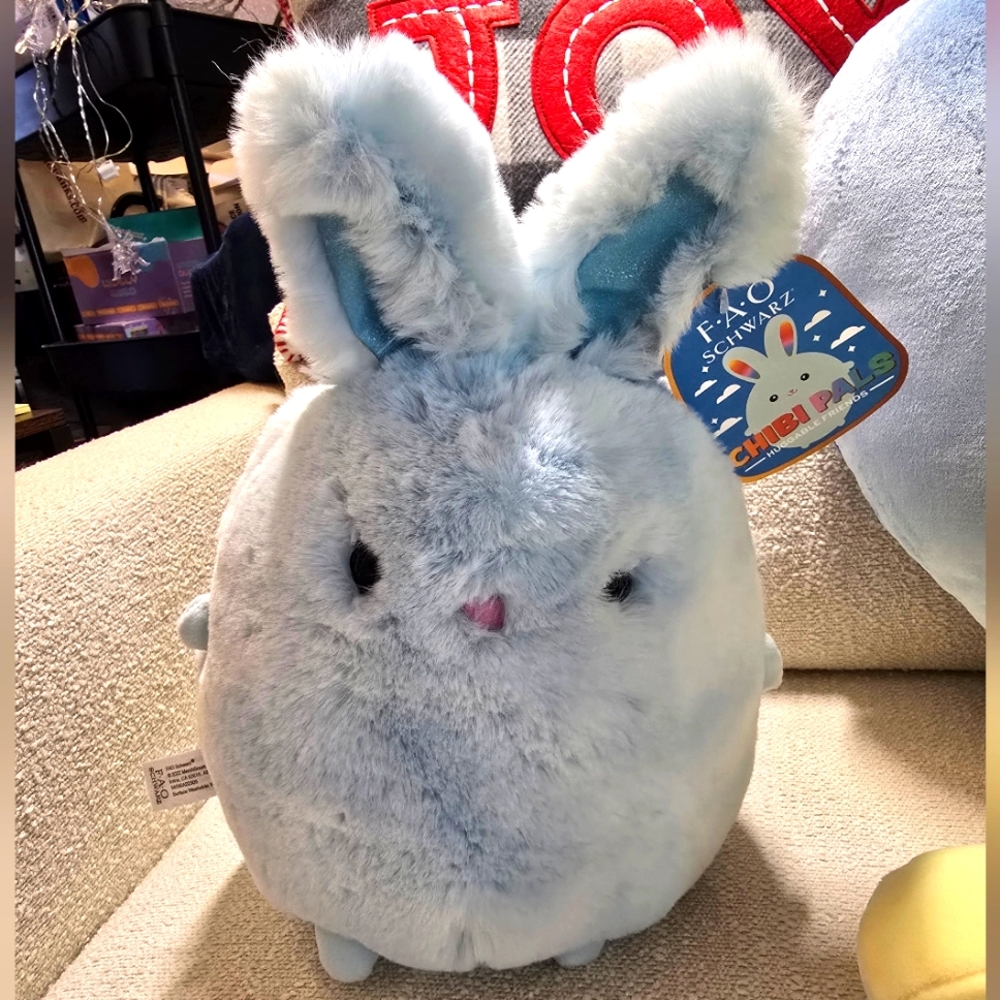 NWT FAO SCHWARZ Blue Bunny with Glitter Ears & Rainbow Tail, SO SOFT! 10"